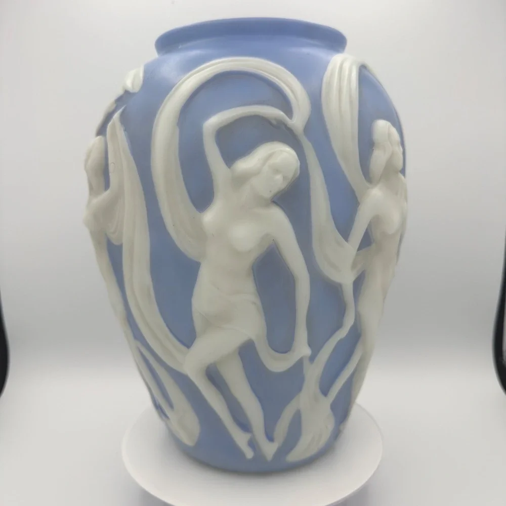 Vintage Phoenix Glass Dancing Ladies Vase Blue White Art Deco Nude Nymph 11.5